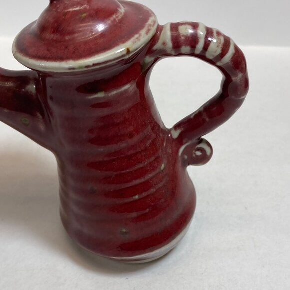 Handmade Ceramic Decorative Funky Teapots Green Maroon Signed Artisan Pottery - Picture 6 of 13